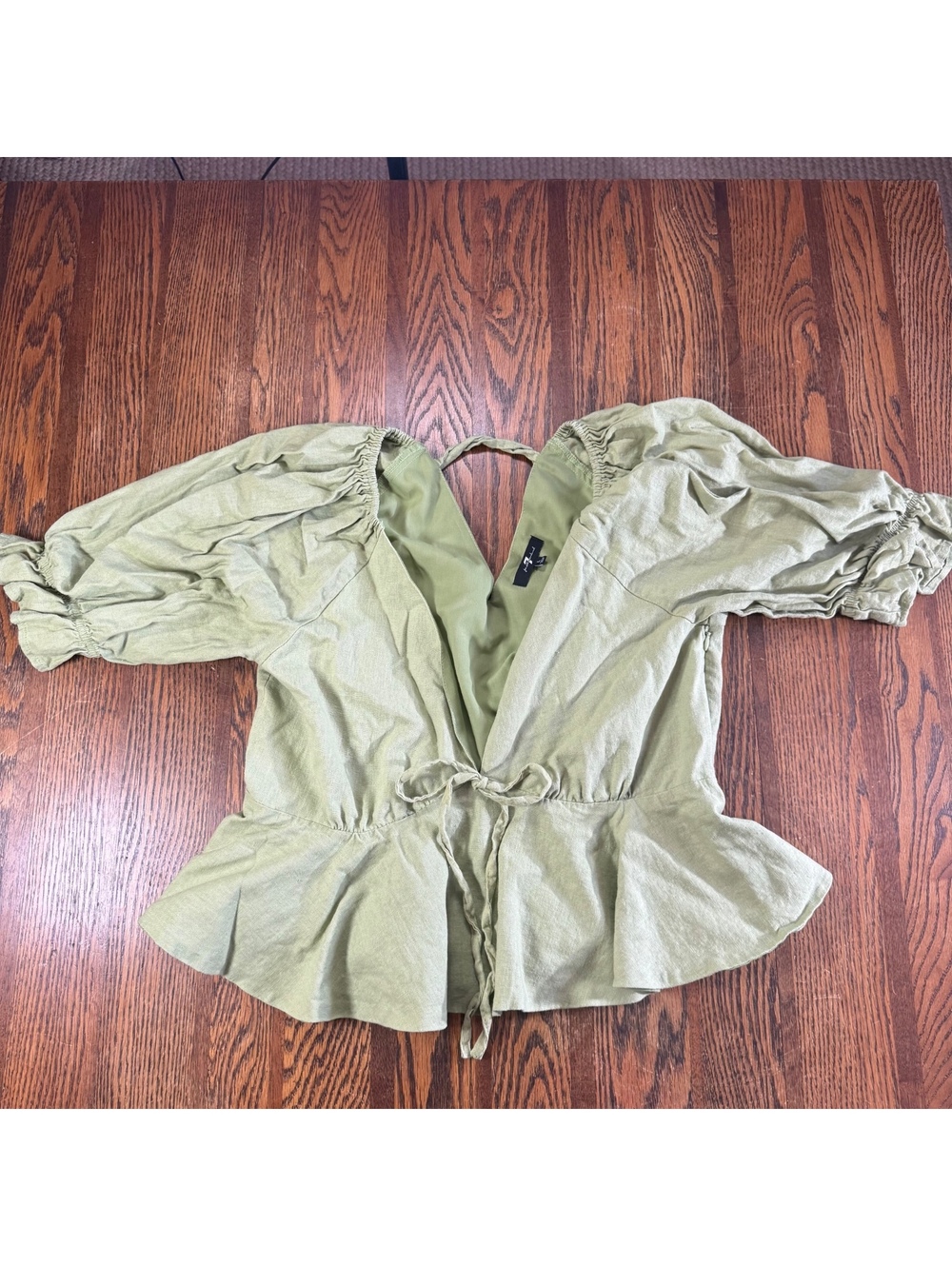 7 For All Mankind Womens Green Linen Blend Puff Sleeve Peplum Top Size Large